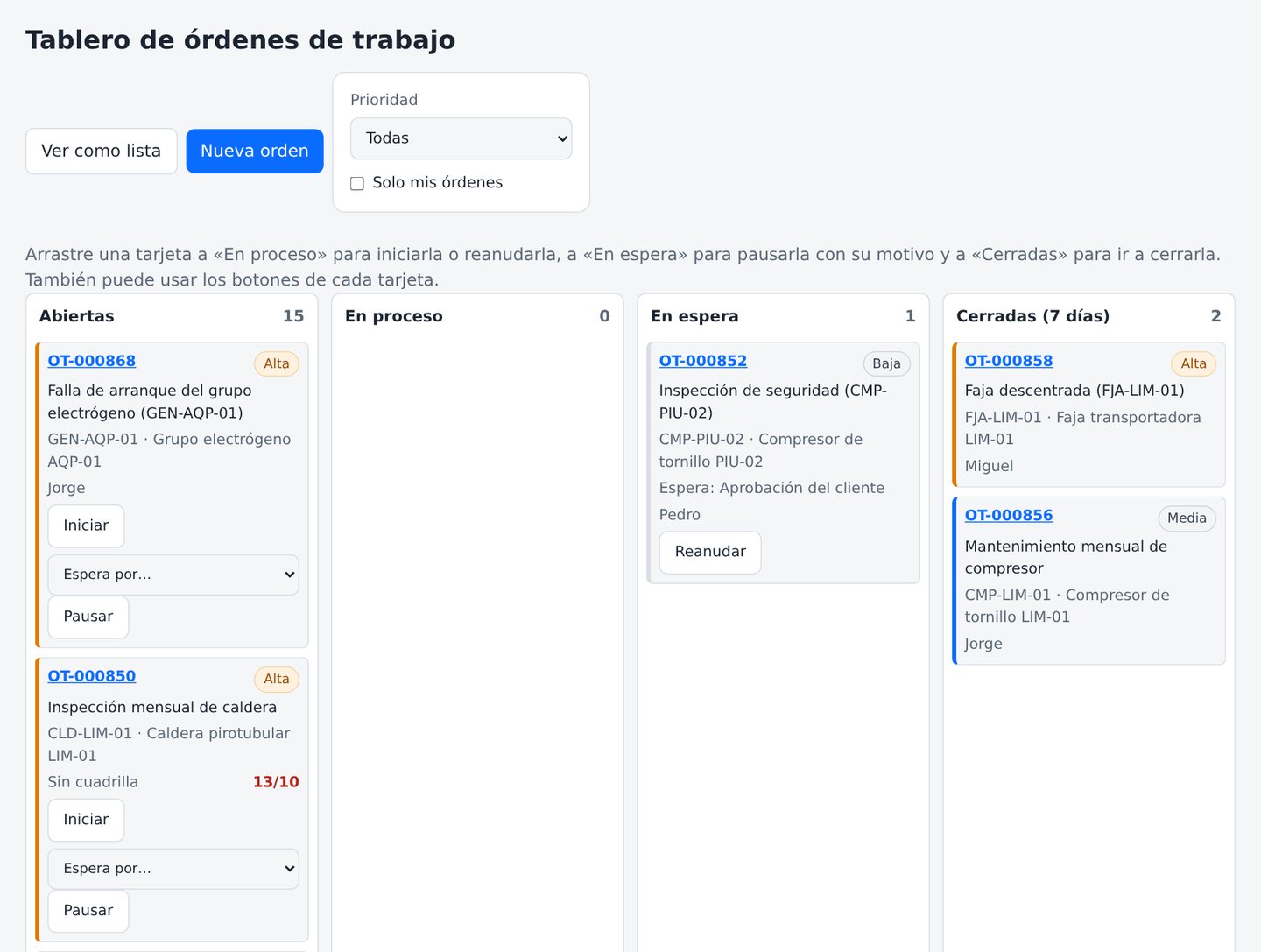 Tablero de órdenes por estado